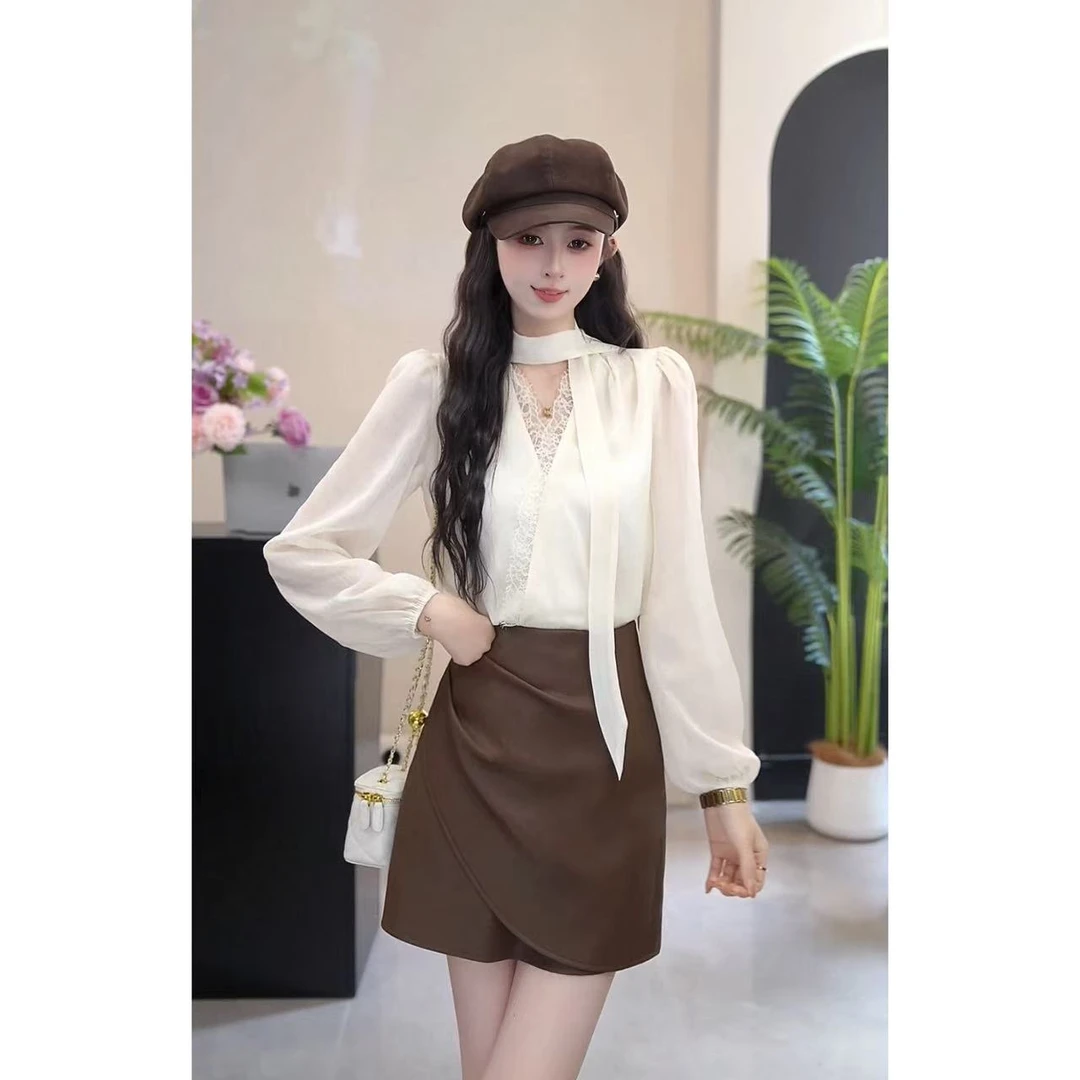 YUANLIANSU/圆脸酥【许栖光屿】法式气质飘带拼接交叉V领衬衫女秋季