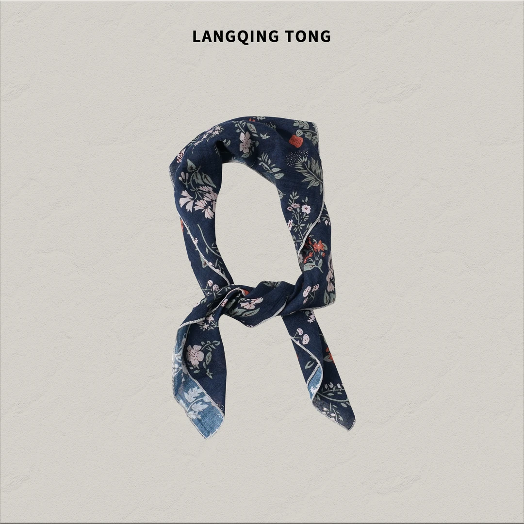 浪清/女装推荐 蓝米丽小方巾薄款百搭田园风印花丝巾44634#