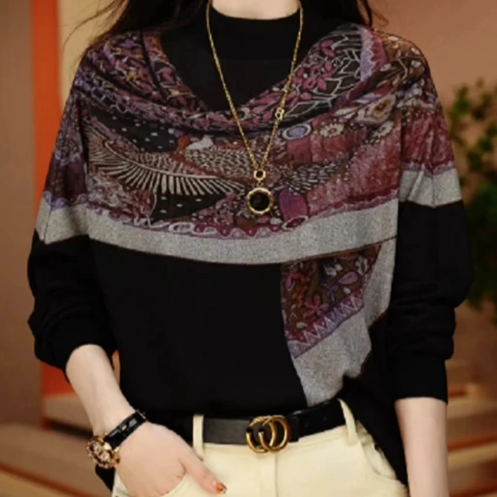 2025新款高端3D印花T恤女士秋冬新款时尚洋气保暖打底衫