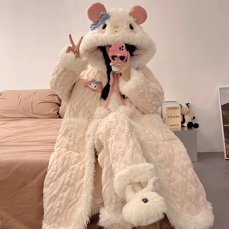 可爱美乐蒂睡袍女款珊瑚绒加绒加厚三层夹棉保暖可外穿家居服套装