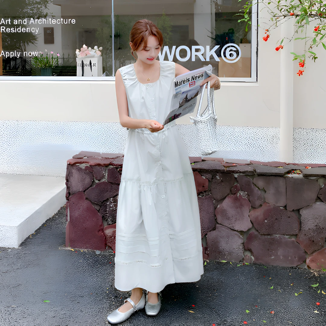 法式减龄浅绿色无袖背心连衣裙女2025夏季新款甜美显瘦温柔风长裙