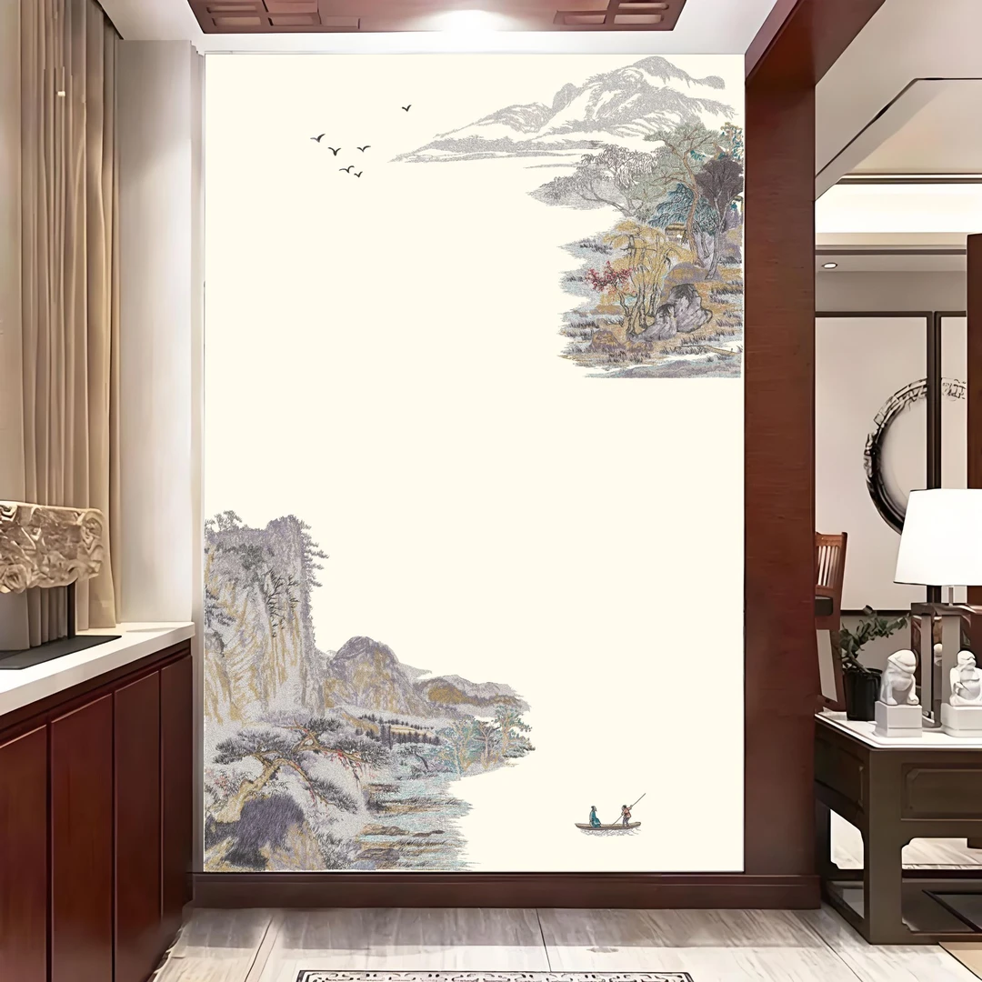 定制款高瞻远瞩D5挑空大玄关新中式独绣独秀刺绣背景墙布2025