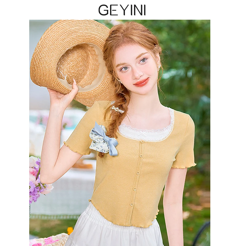 春夏季新款女甜美黄色小个子正肩蕾丝花边假两件短袖T恤女上衣