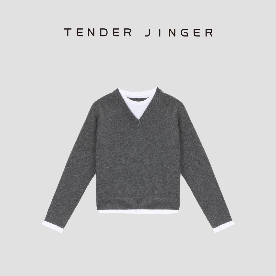 Tender Jinger【暖绒】羊绒羊毛混纺V领针织套头长袖T53BBS41346