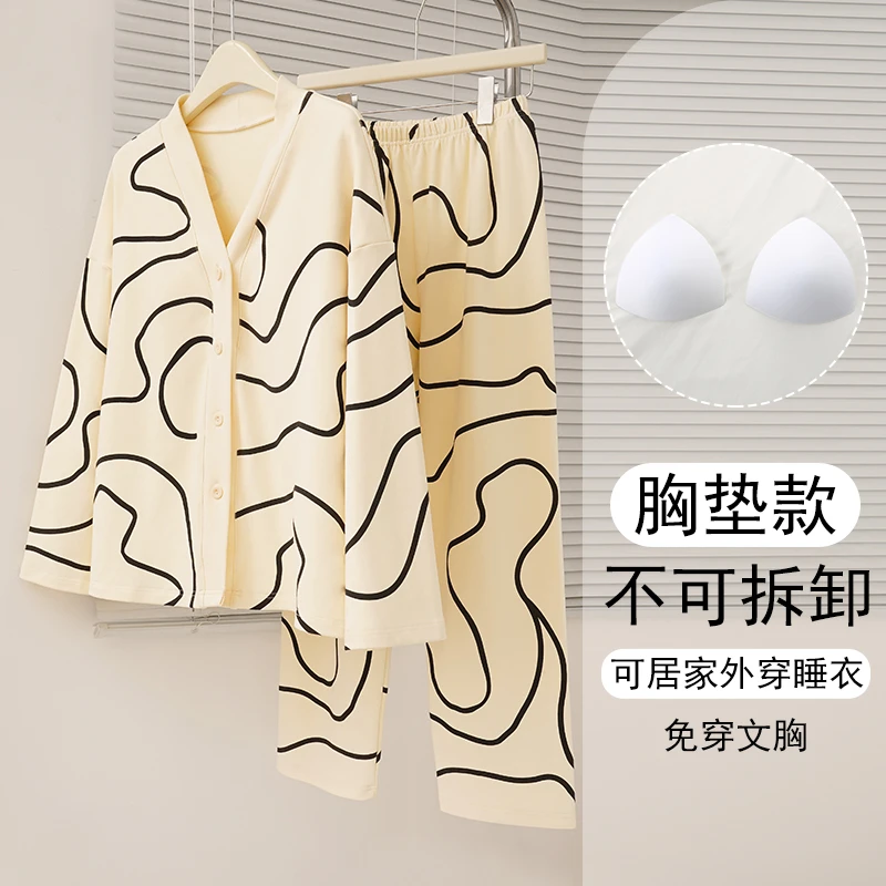 大码睡衣女款2025新款可外穿带胸垫家居服长袖出门款春秋两件套