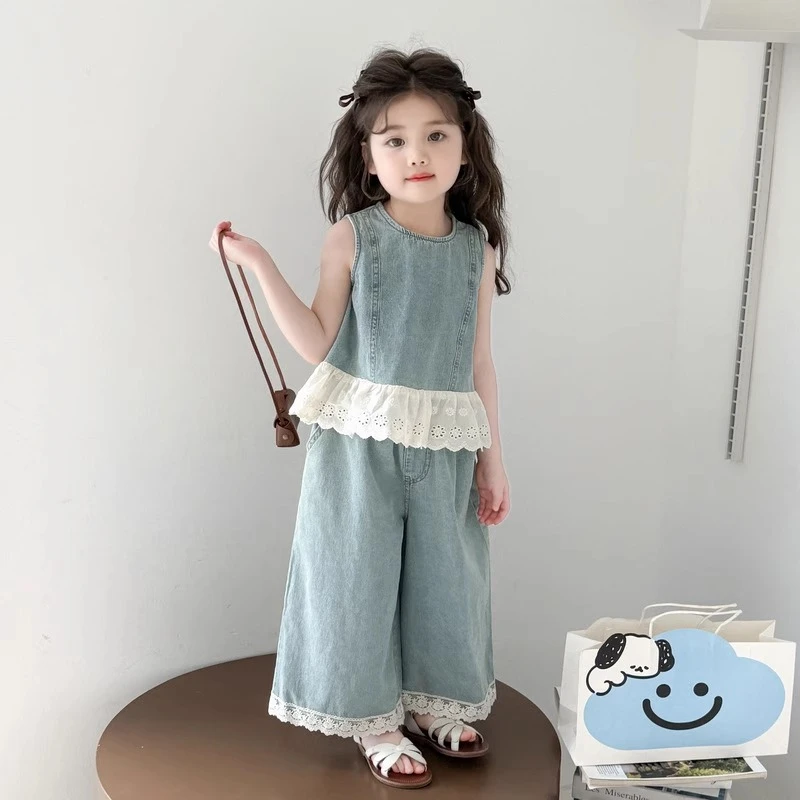 女童夏装套装25新款韩系洋气无袖短袖上衣中小童牛仔裤子两件套