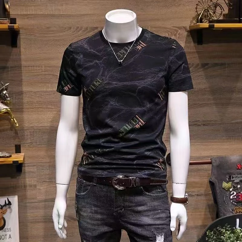 薄款免烫潮流男士短袖印花常规夏季T恤上衣圆领个性百搭修身韩版