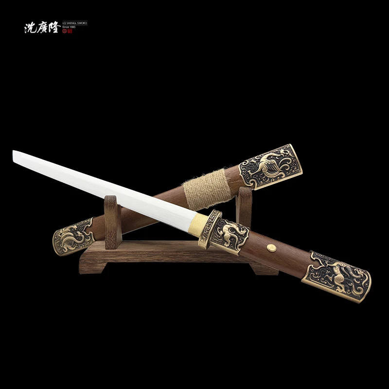 龙泉沈广隆-临渊唐刀短款  镜面 重蚁木 黄铜 宝剑 未开刃