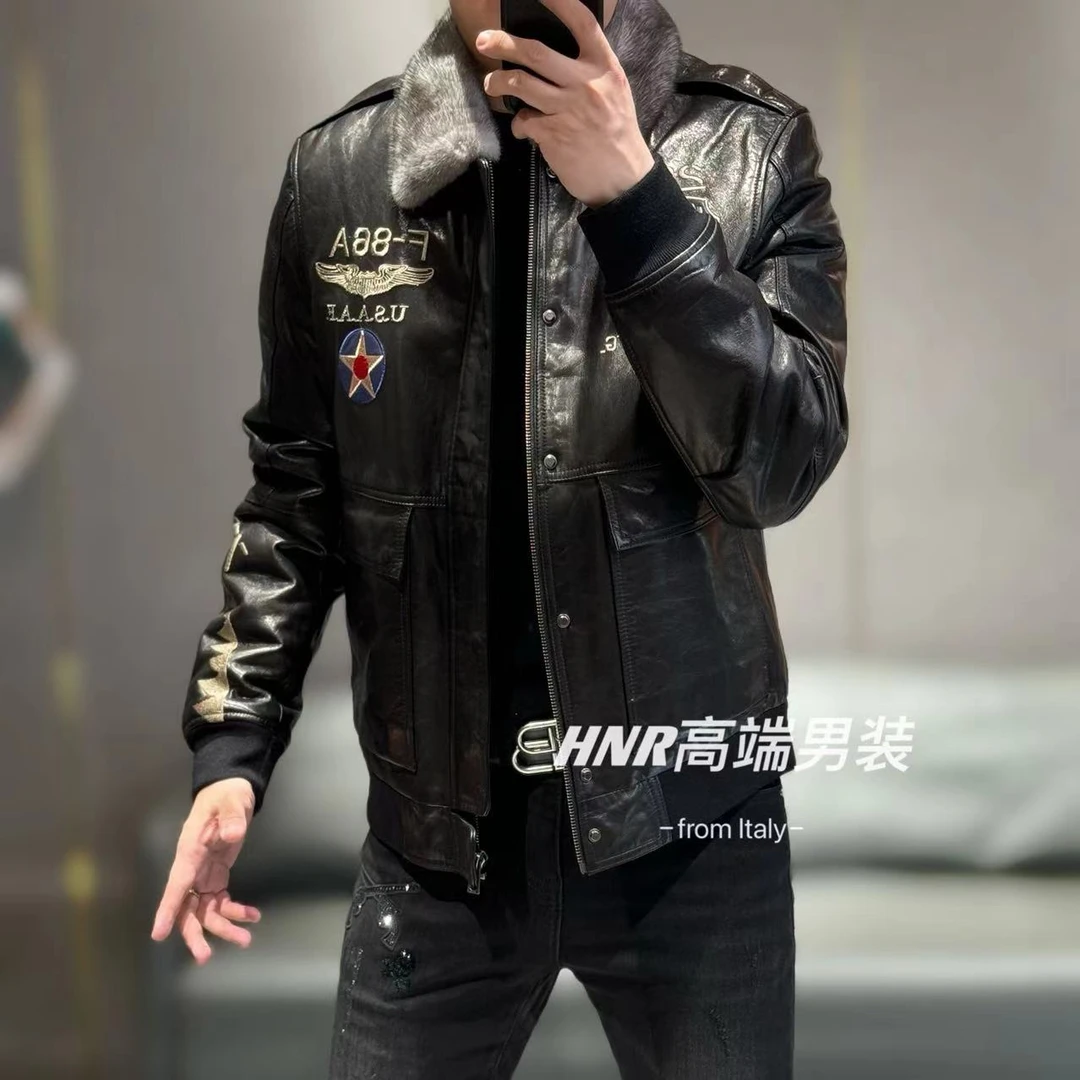 【顺丰包邮】款立体刺绣字母图案简约时尚男士水貂毛山羊皮皮19168