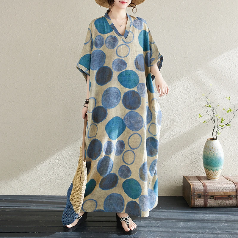 2025夏季新款花色度假风旅游V领复古长裙遮肉棉麻大码女装连衣裙