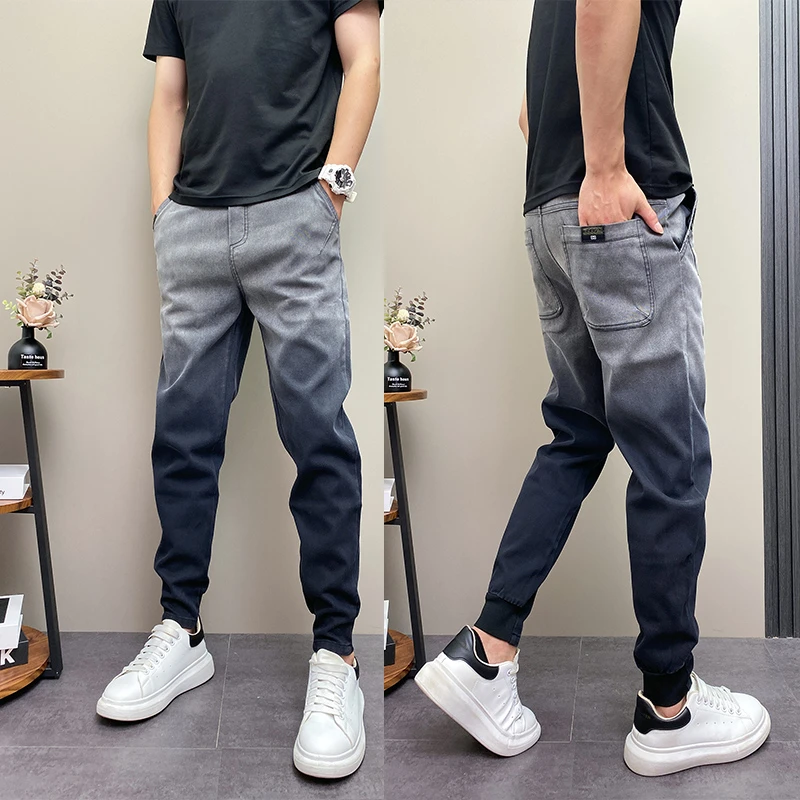 春夏季潮流韩版痞帅渐变水洗修身小脚裤青年男士休闲九分牛仔裤子