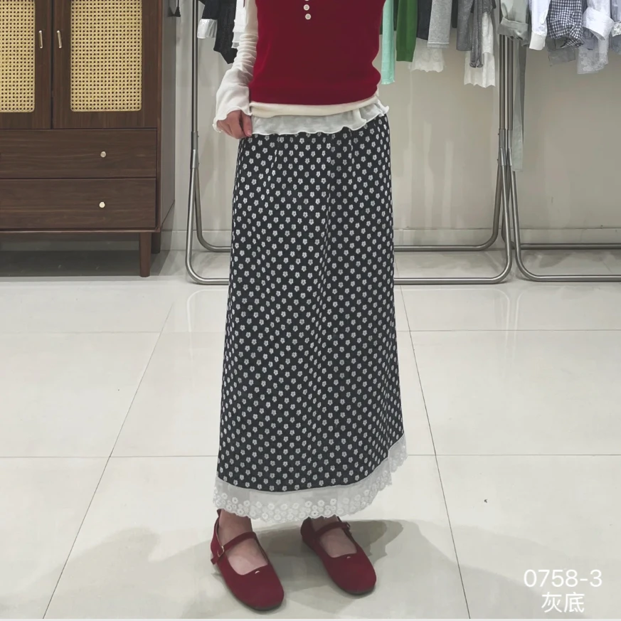 0758-3 WANGDAN  新款碎花下摆拼接蕾丝半身裙