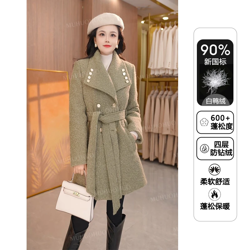 女冬季2024新款气质时尚百搭设计师高定款白鸭绒保暖大衣羽绒服