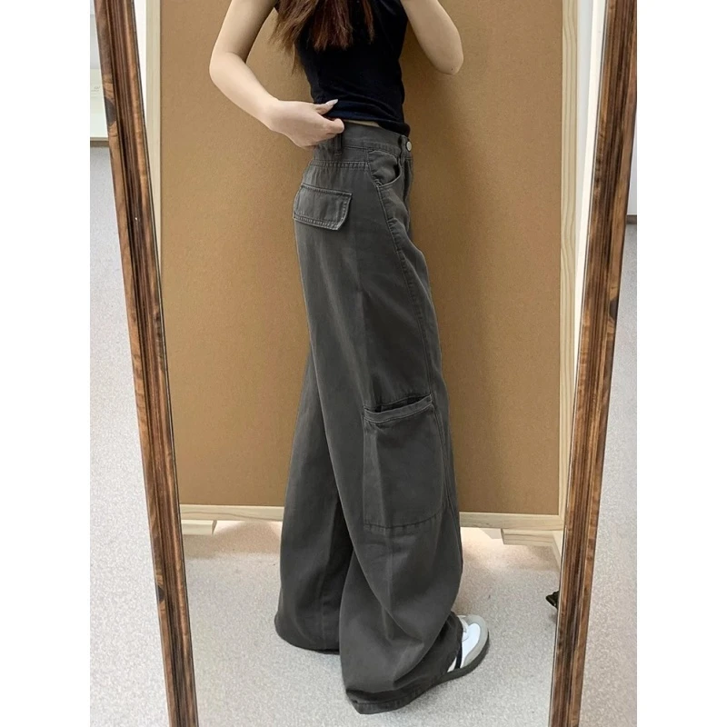 高个子加长灰色阔腿牛仔工装裤女秋季新款宽松显瘦梨形身材直筒裤