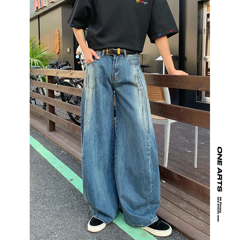 【ONEARTS牛仔裤】春夏美式复古脏染弯刀牛仔阔腿裤宽松水洗牛仔裤