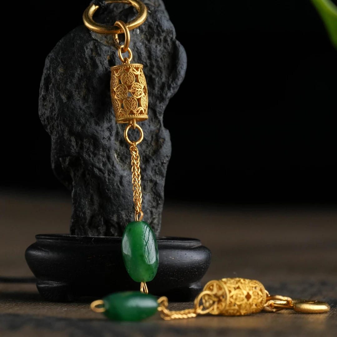 【观月】【翠洛丝】18k金翡翠花丝桶珠耳环复古