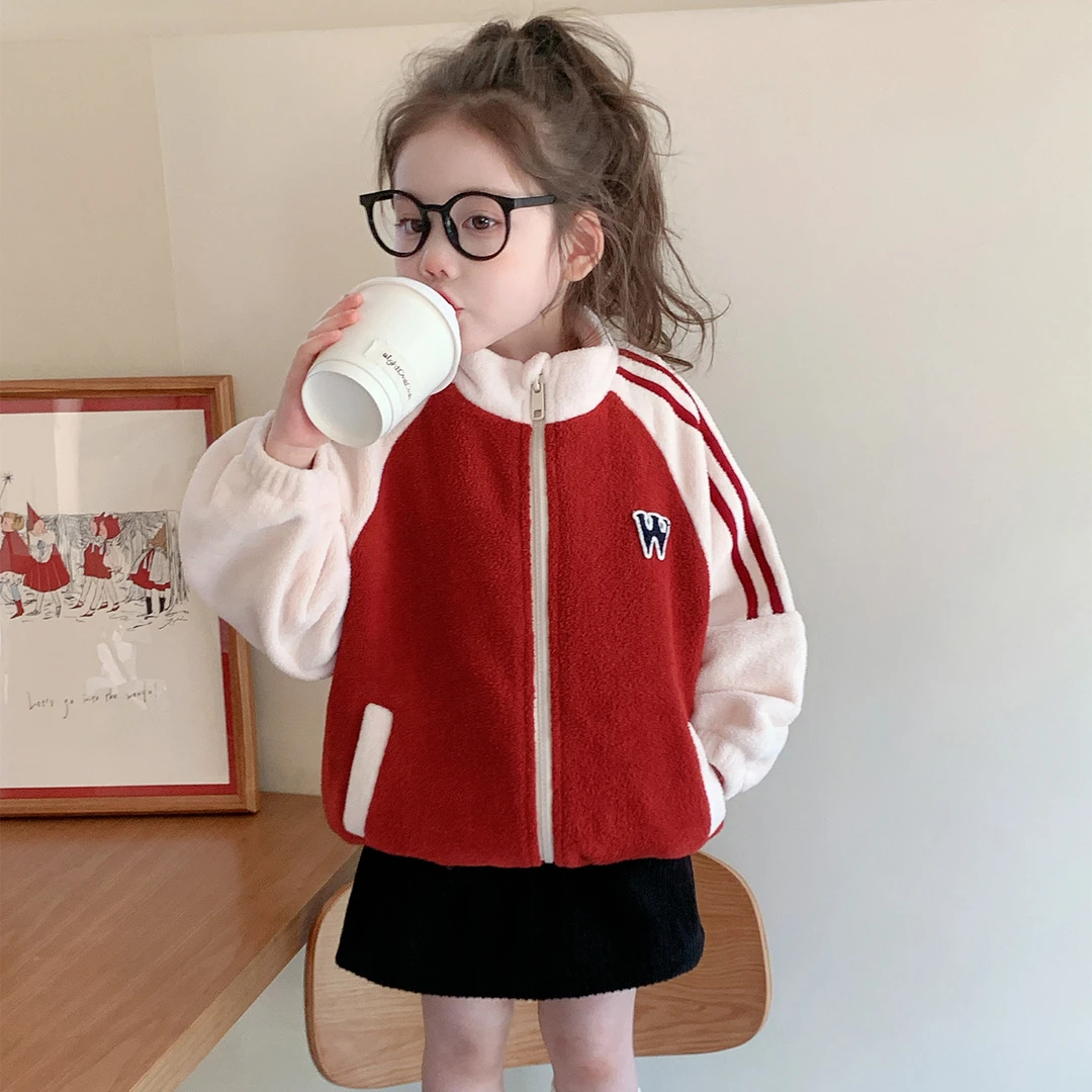 女童外套加绒加厚秋冬款2025新款洋气儿童中小童冬季拼接毛毛衣