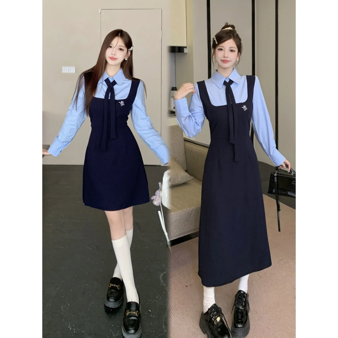 春上新【蔚蓝学院】假两件温与柔学院风胖MM长袖大码拼接连衣裙