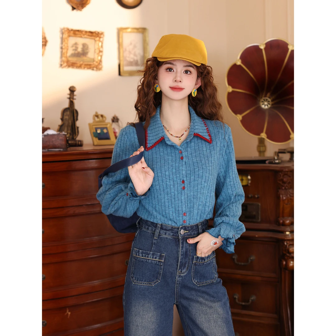 陈大器【静湖回响】复古港风针织秋冬长袖百搭上衣衬衫JP3629323