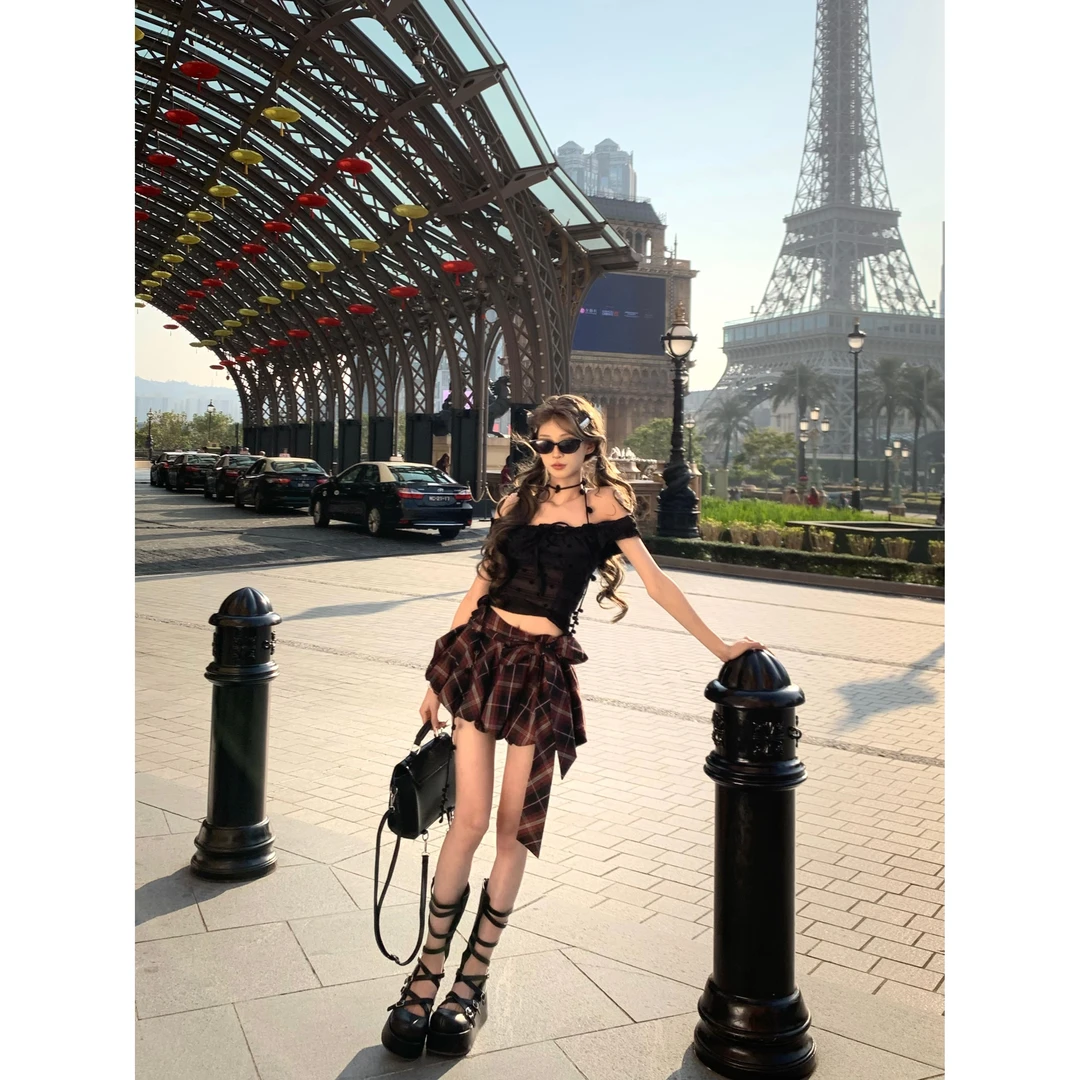 绘梨衣【心动尤莉】春款波点松紧网纱上衣格纹花苞裙显瘦半身裙套装