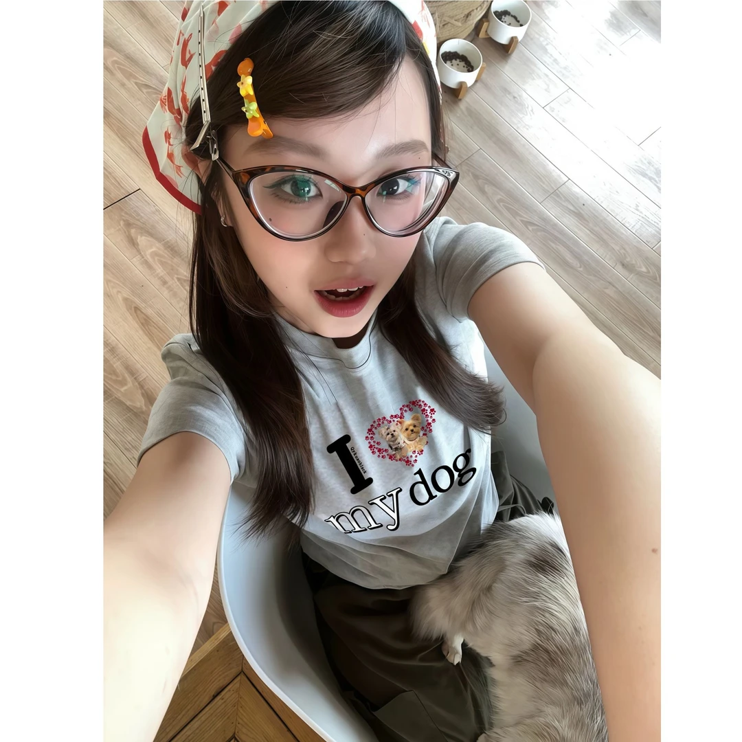 Qyko 夏季潮牌美式约克夏小狗萌物暴击辣妹修身短袖男女情侣