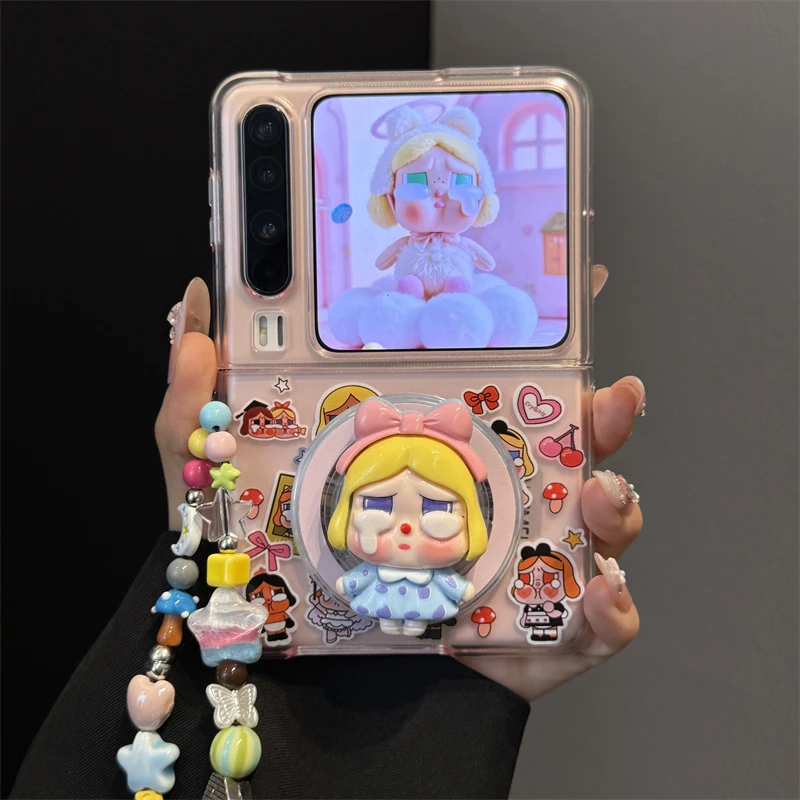 适用华为purax典藏版折叠屏手机壳pocket2粉立体哭娃磁吸支架链条