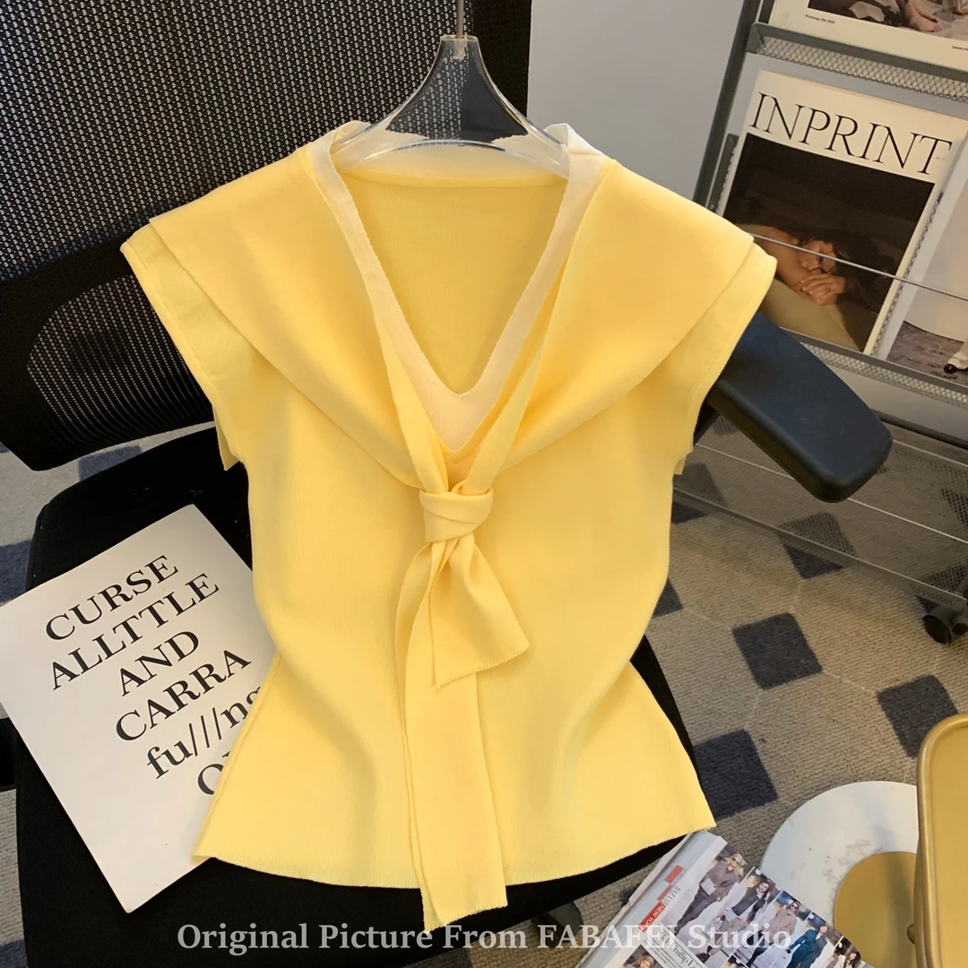 音乐节穿搭黄色披肩针织衫女夏季设计感坎肩t恤辣妹掐腰无袖上衣