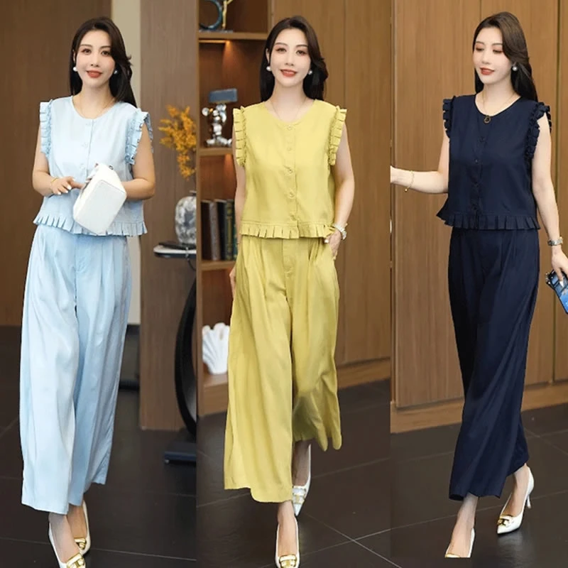 【有运费险】洋气木耳边无袖上衣女装2025夏季新款显瘦阔腿裤两件套