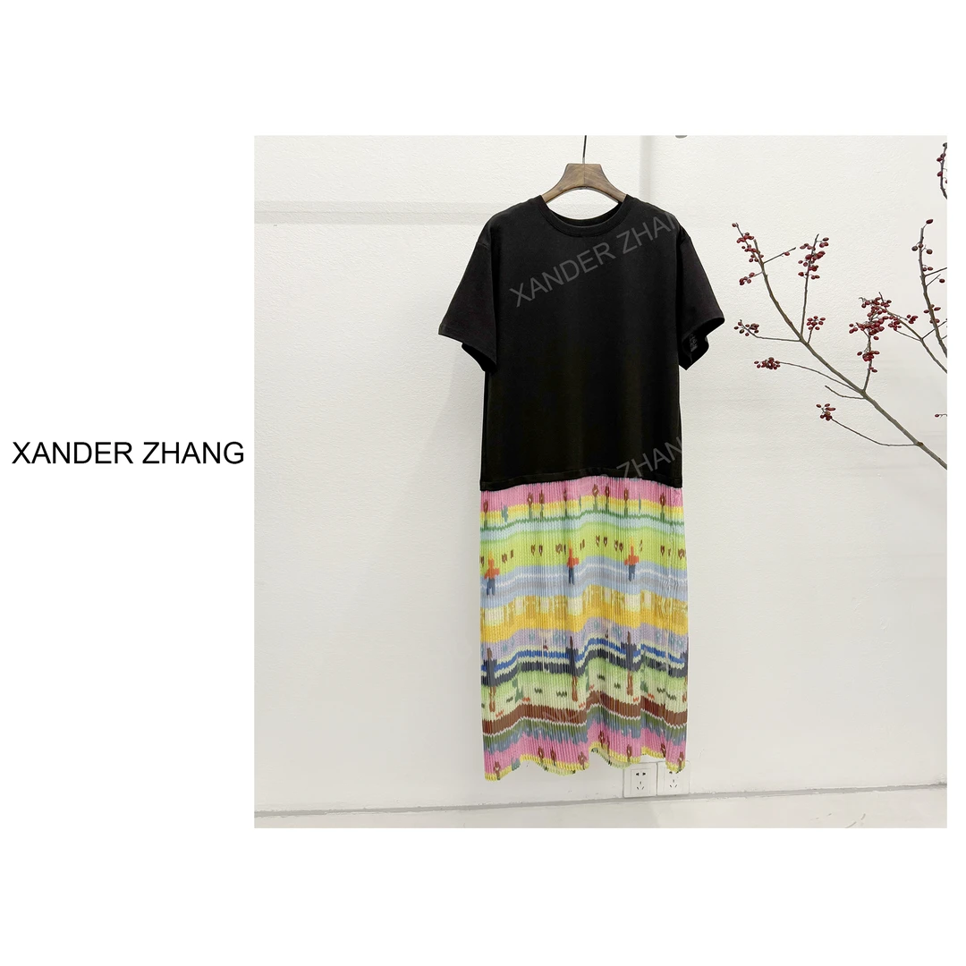 山大张彩虹褶皱下摆针梭织拼接T恤连衣裙YBDS1J237显瘦时尚减龄