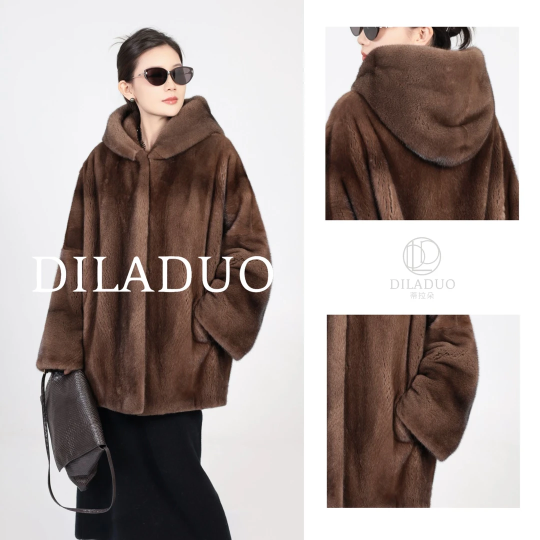 海宁进口水貂带帽款中长款珍珠白水貂毛外套女款貂皮大衣皮草外套