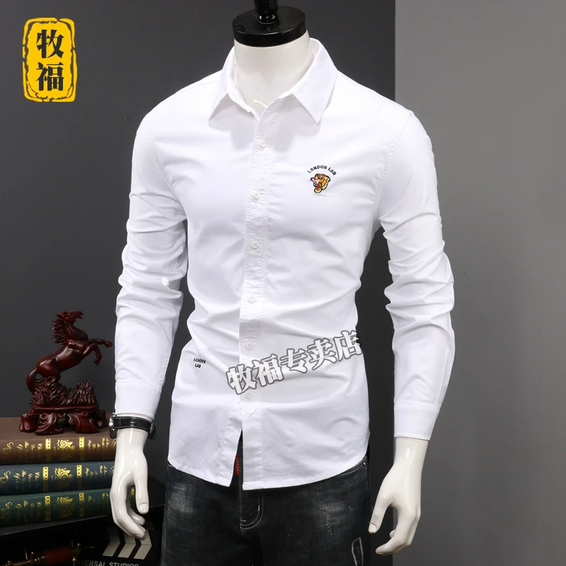 秋季衬衫男长袖纯棉牛津纺高级感痞帅刺绣衬衣纯色休闲港风上衣潮