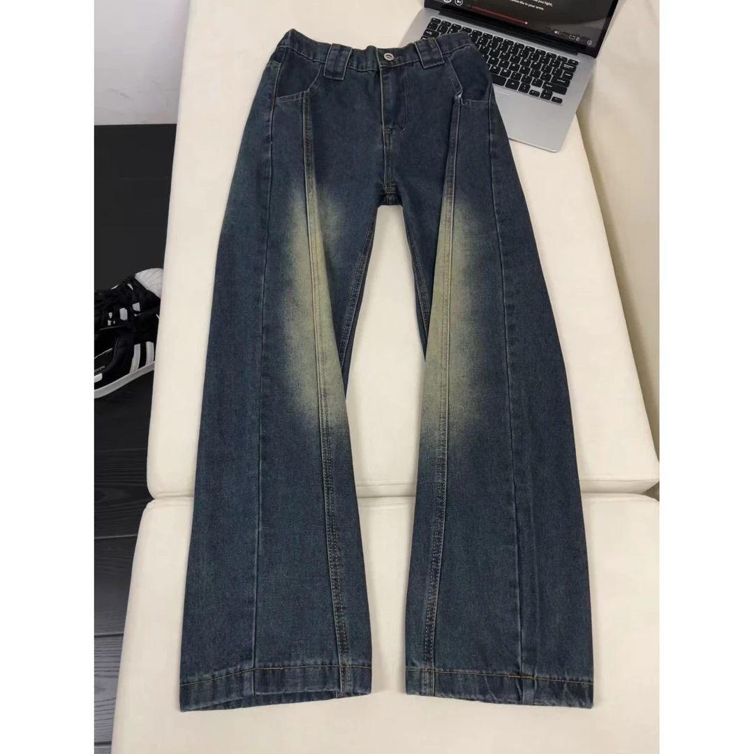 美式复古解构斜切弯刀牛仔裤男女冬季cleanfit宽松阔腿百搭休闲裤