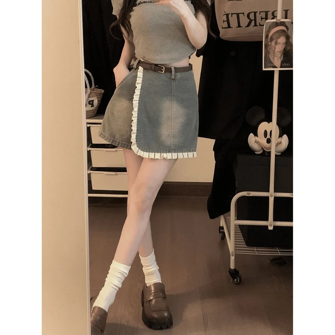 辣妹高腰花边拼接仔半身裙女夏季做旧蓝色复古字短裙裙裤短款