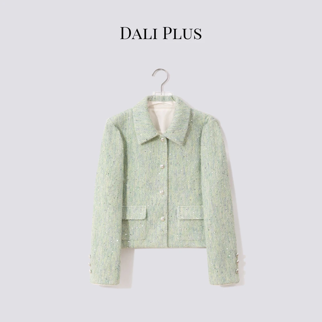 DALI PLUS下绿拉毛亮闪小香风系列翻领单排扣长袖外套-D5LT2218