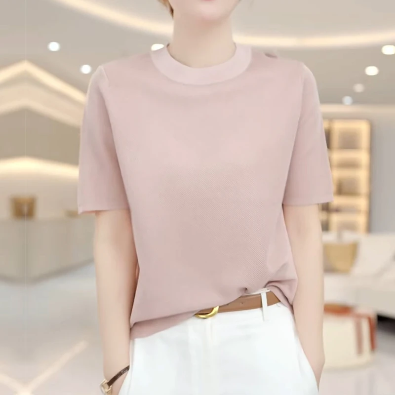 【啦啦精选】夏季简约针织衫女士圆领短袖T恤柔软光滑透气抗皱25003
