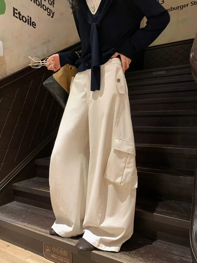 美式复古工装裤女纯色秋季休闲裤直筒阔腿拖地长裤宽松裤子