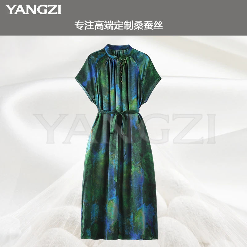 漾姿25年春夏新款时尚印花圆领真丝缎桑蚕丝连衣裙 YZX254-25745
