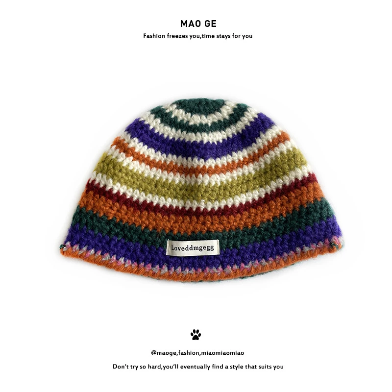 猫哥新款冷帽帽秋冬针织女款彩虹手工情侣渔夫帽百搭布标毛线帽子