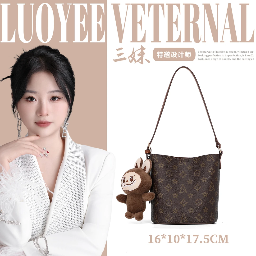 【三妹设计师款】经典老花水桶包包精致时尚单肩包斜挎包 G2246咖色