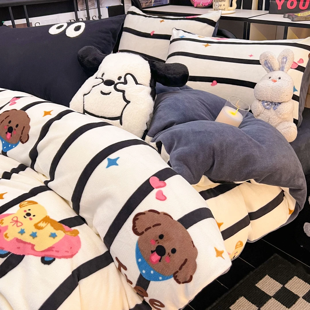 冬季卡通牛奶绒床上四件套儿童双面珊瑚绒加厚被套床单床笠三件套