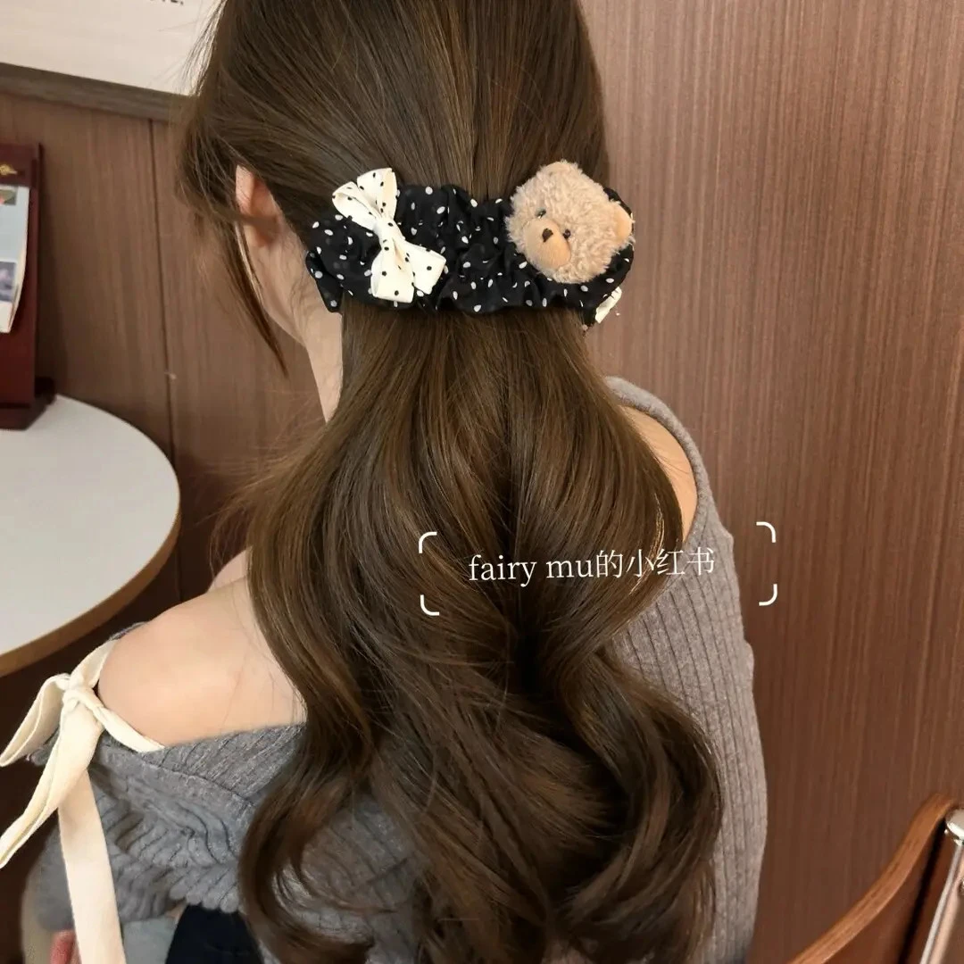 小众手作毛绒小熊ab面秋冬新款波点香蕉夹可爱高马尾网红学院风in