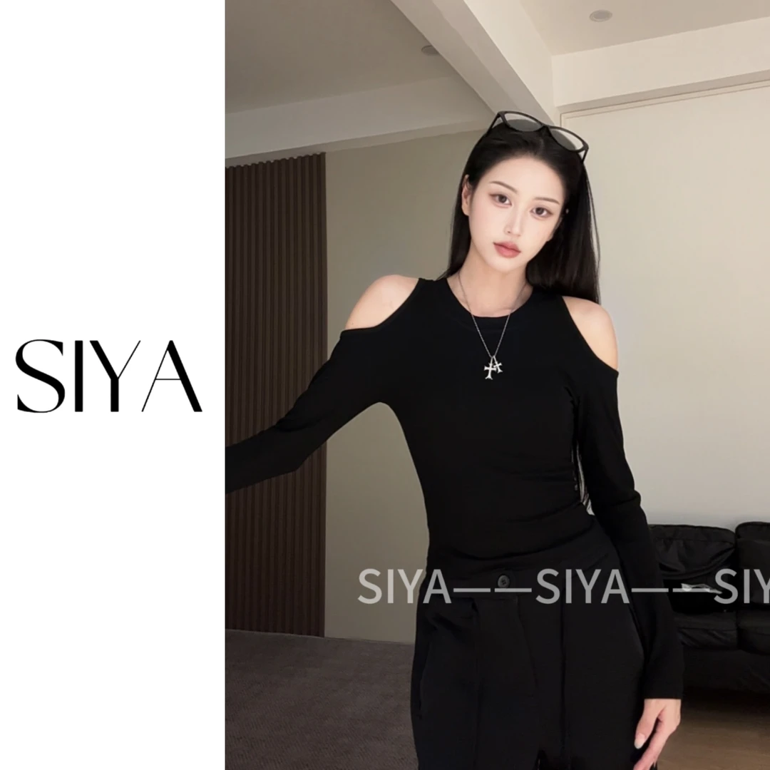 【SIYA】韩版纯欲露肩修身上衣流行的爆款女装新款T恤独特上衣