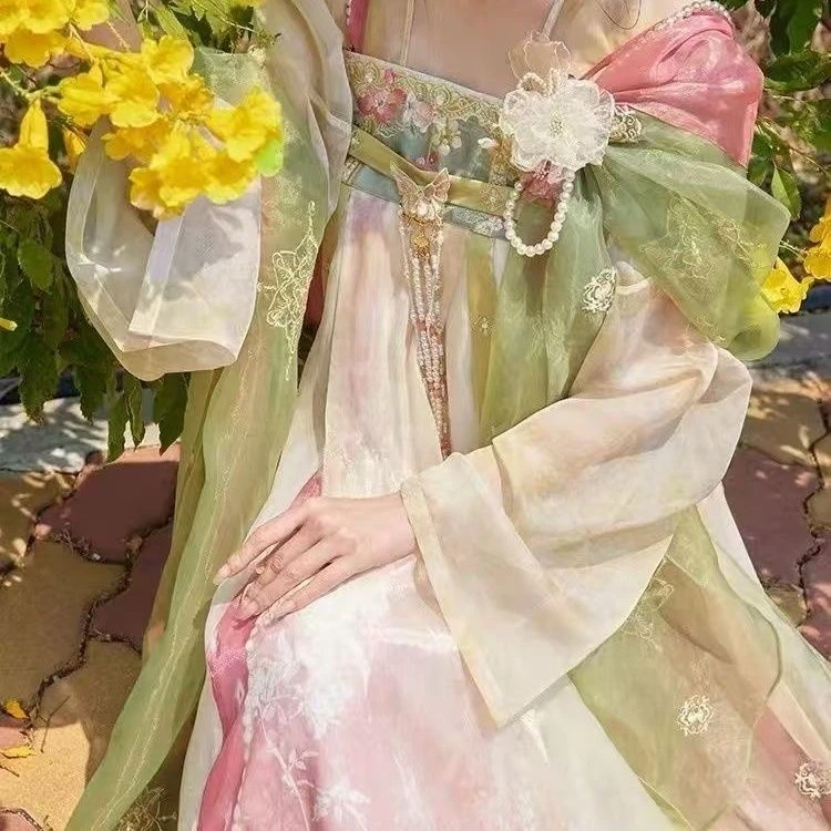 [佩玉春风]刺绣粉色裙子印花对襟衫唐制汉服女中国风