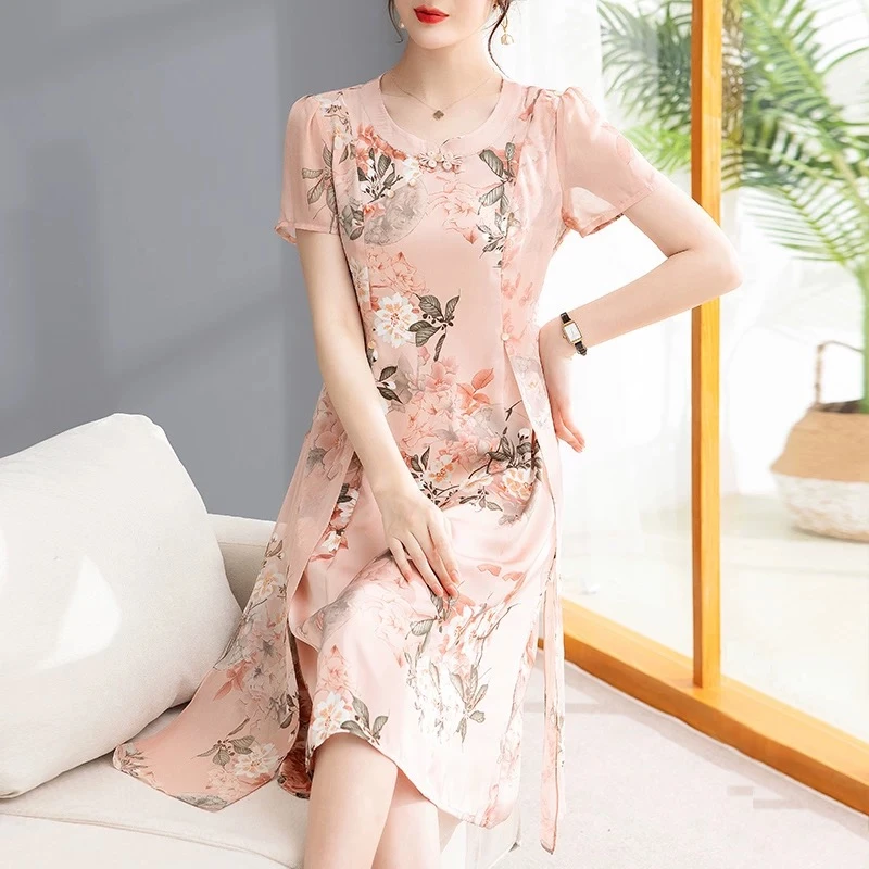 X0522春秋季气质连衣裙女显瘦收腰时尚减龄遮肉国风修身连衣裙