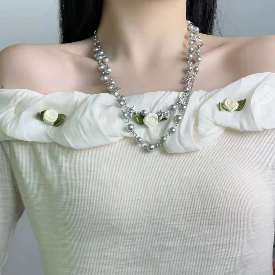 合金项链 2631双层串珠五角星串珠项链流苏设计时髦锁骨毛衣链