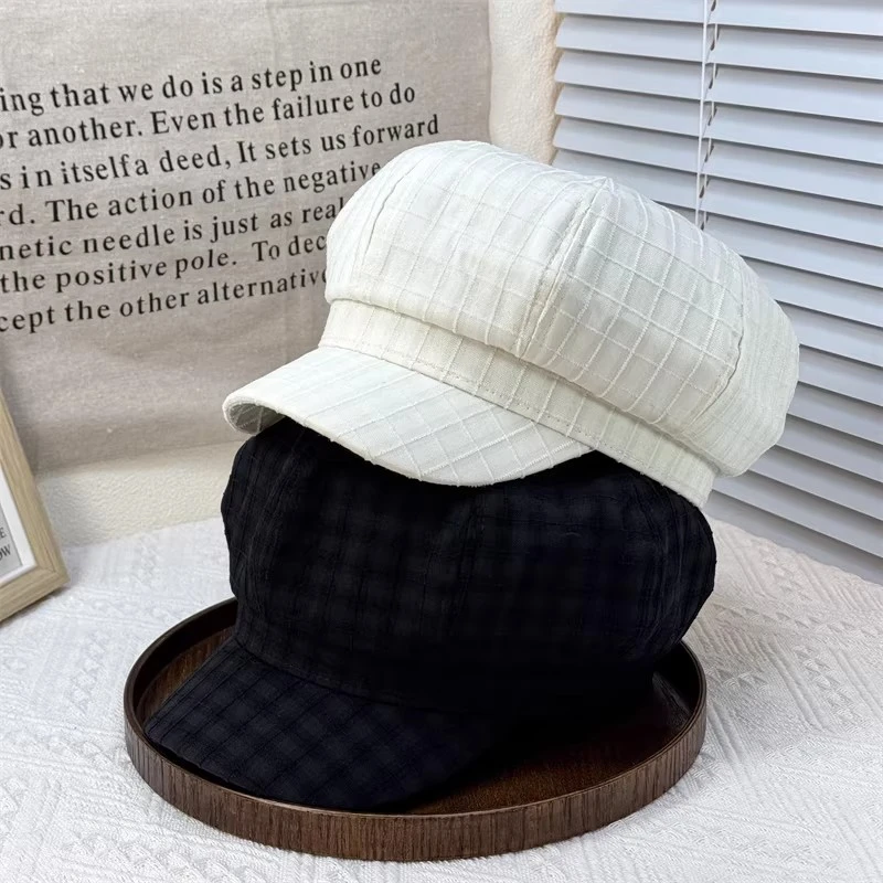 韩国大头围条纹八角帽子女春夏男女百搭八角帽格纹纯色简约报童帽