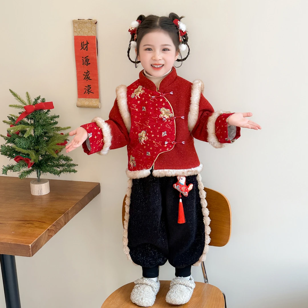 女童拜年服套装冬季2025新款女宝宝国风加绒加厚冬装儿童新年衣服