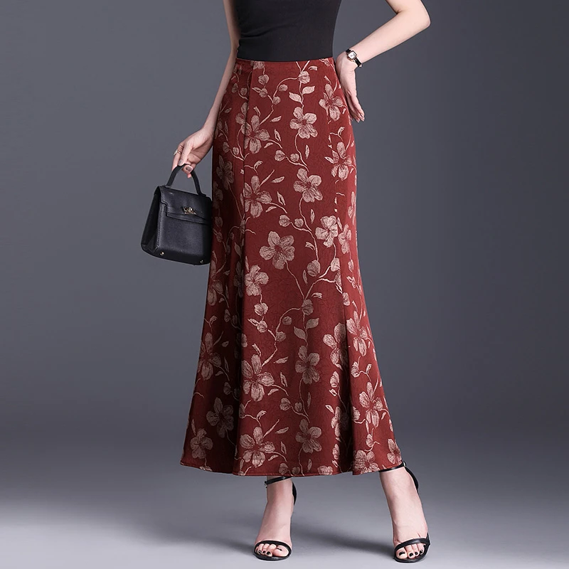 气质印花长裙鱼尾裙女春夏2025新款高腰修身包臀半身裙通勤一步裙