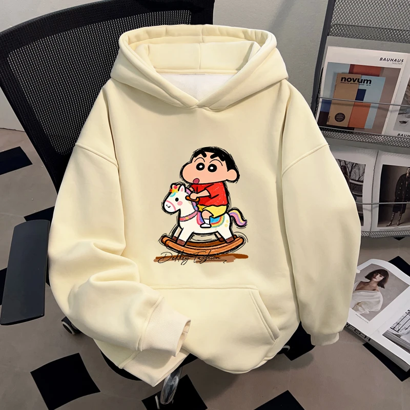 Dekkry卡通小新骑马印花秋冬加绒连帽卫衣男女款重磅百搭杏色上衣