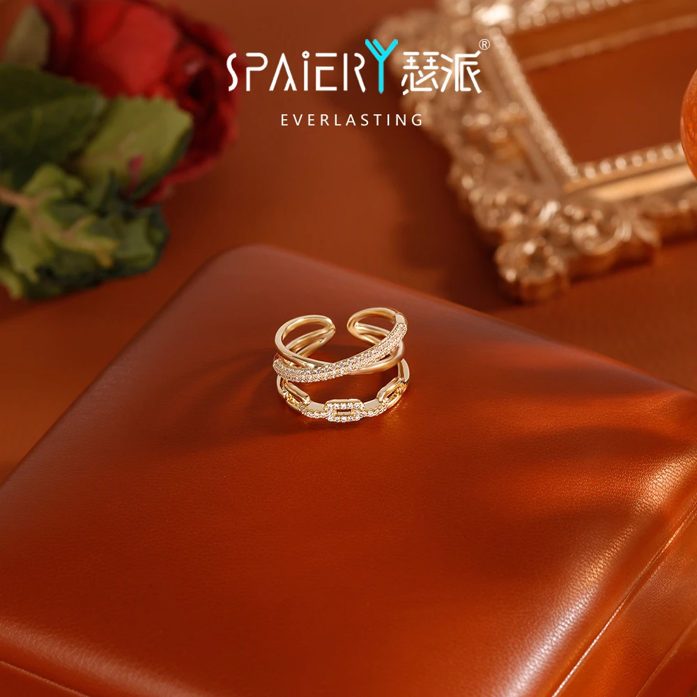 合金戒指 【5357】法式轻奢微镶交叉锁链戒指女开口戒小众多层指环